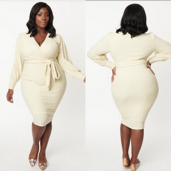 NWT Unique Vintage Plus Size Cream Sparkle Sweater Essence Wiggle Dress Sz 3X - Picture 1 of 10